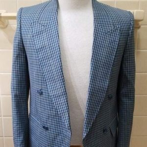 VTG Mens Summer Blazer 36 100% Wool Blue Checked Gun Club Double-Breasted